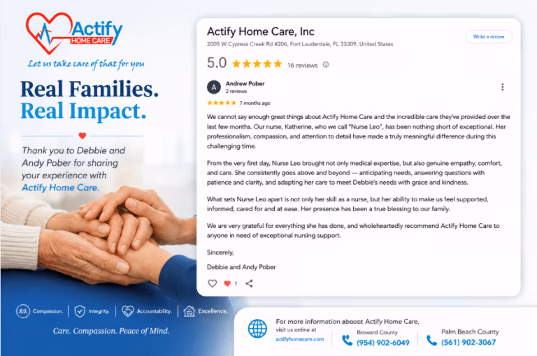 Actify Home Care ad featuring hands holding each other, the slogan 'Real Families. Real Impact.', and a screenshot of a 5‑star review with a testimonial on the right.